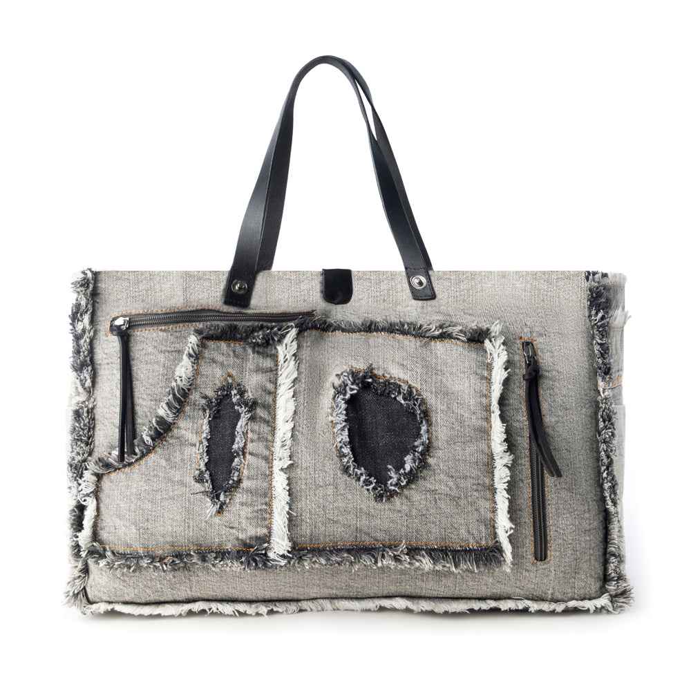 Myra Frayed Frontier Western denim Tote Bag for Women in denim black with fringe detail