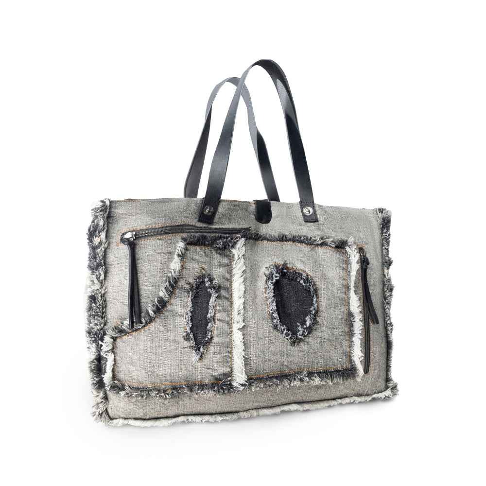 Myra Frayed Frontier Western denim Tote Bag for Women in denim black with fringe detail
