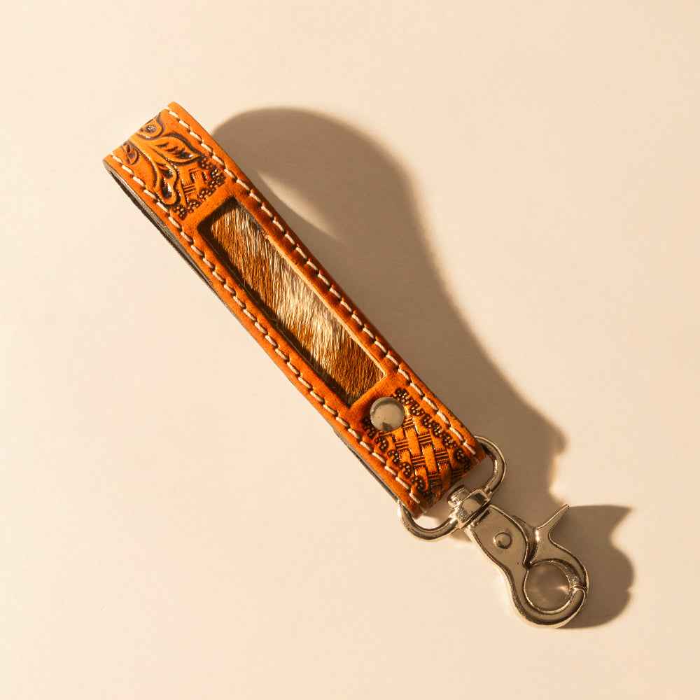Myra Hide Inlay Western Key Fob in brown with basketweave detail