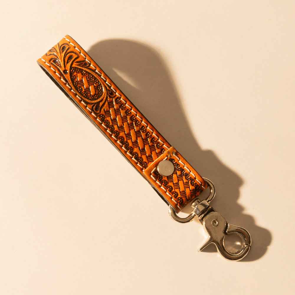 Myra Hide Inlay Western Key Fob in brown with basketweave detail