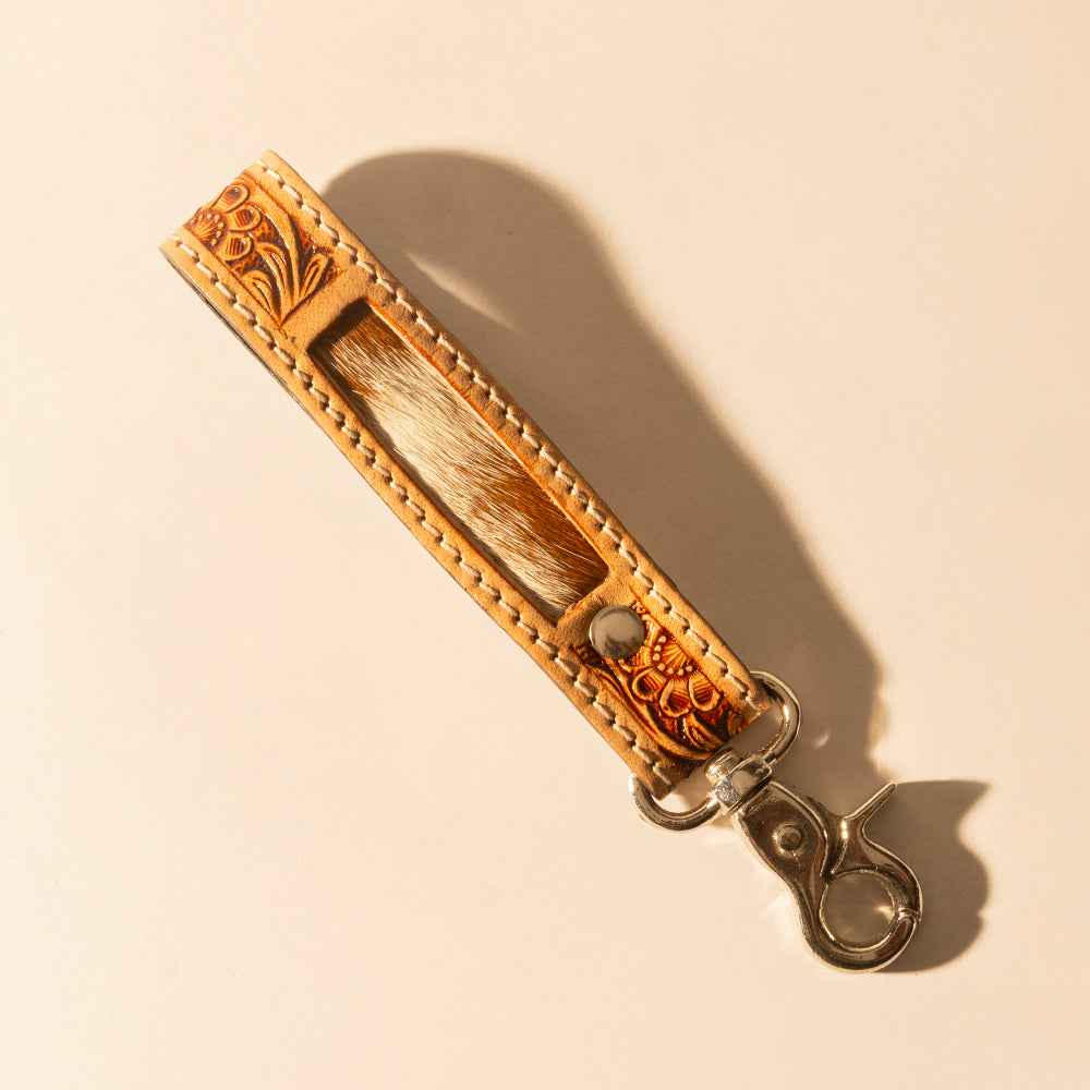 Myra Hide Inlay Western Key Fob in creme with floral detail