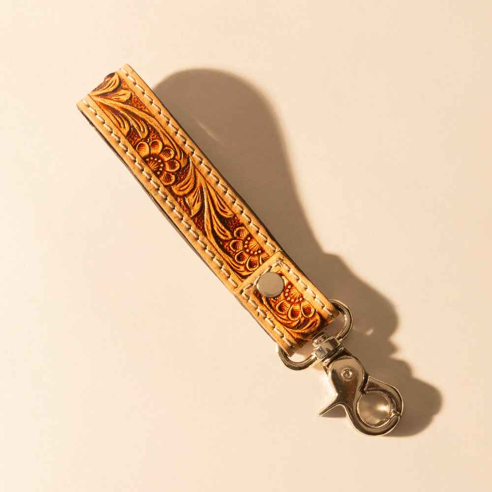 Myra Hide Inlay Western Key Fob in creme with floral detail