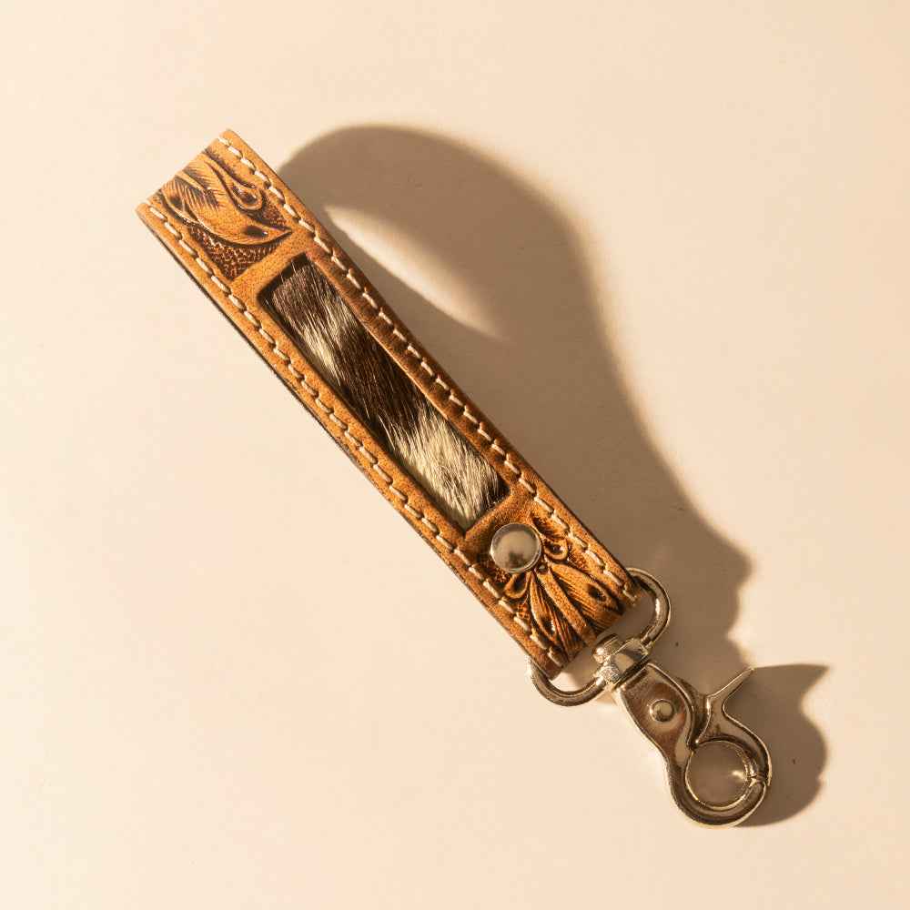 Myra Hide Inlay Western Key Fob in tan with hairon detail