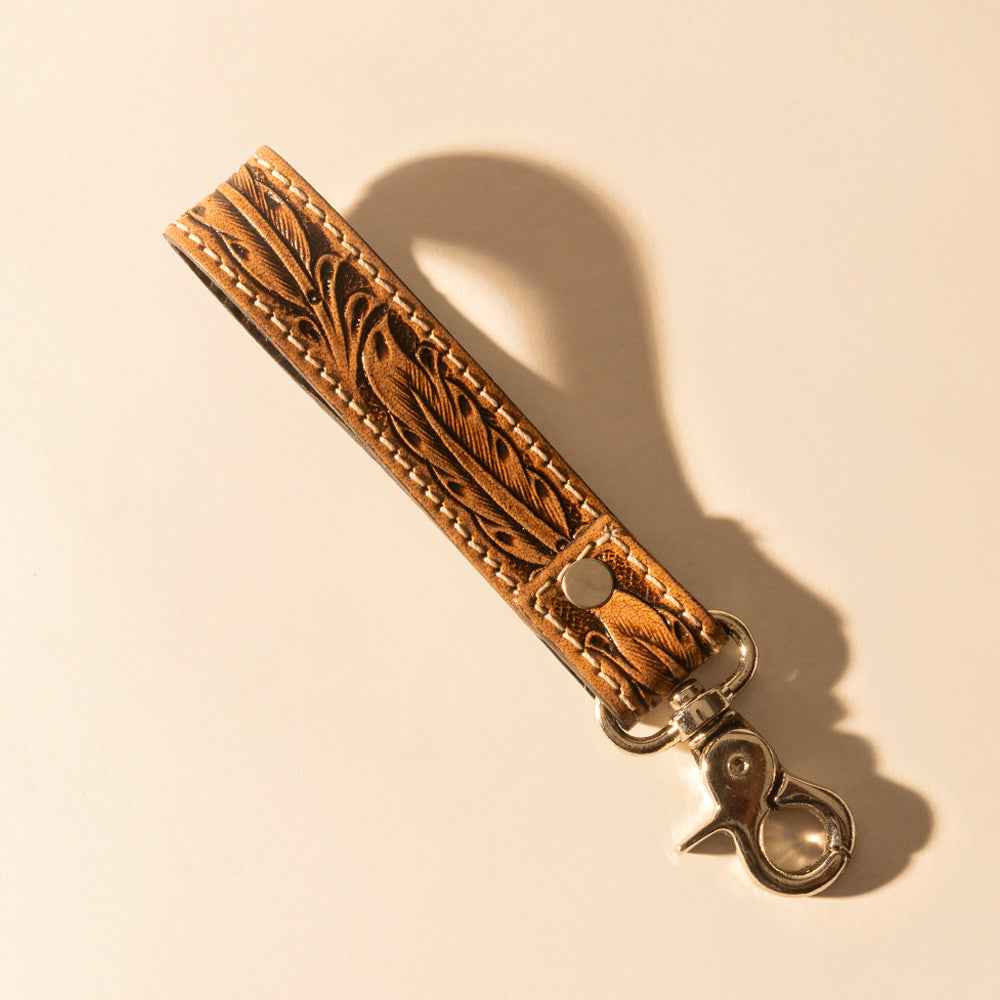 Myra Hide Inlay Western Key Fob in tan with hairon detail