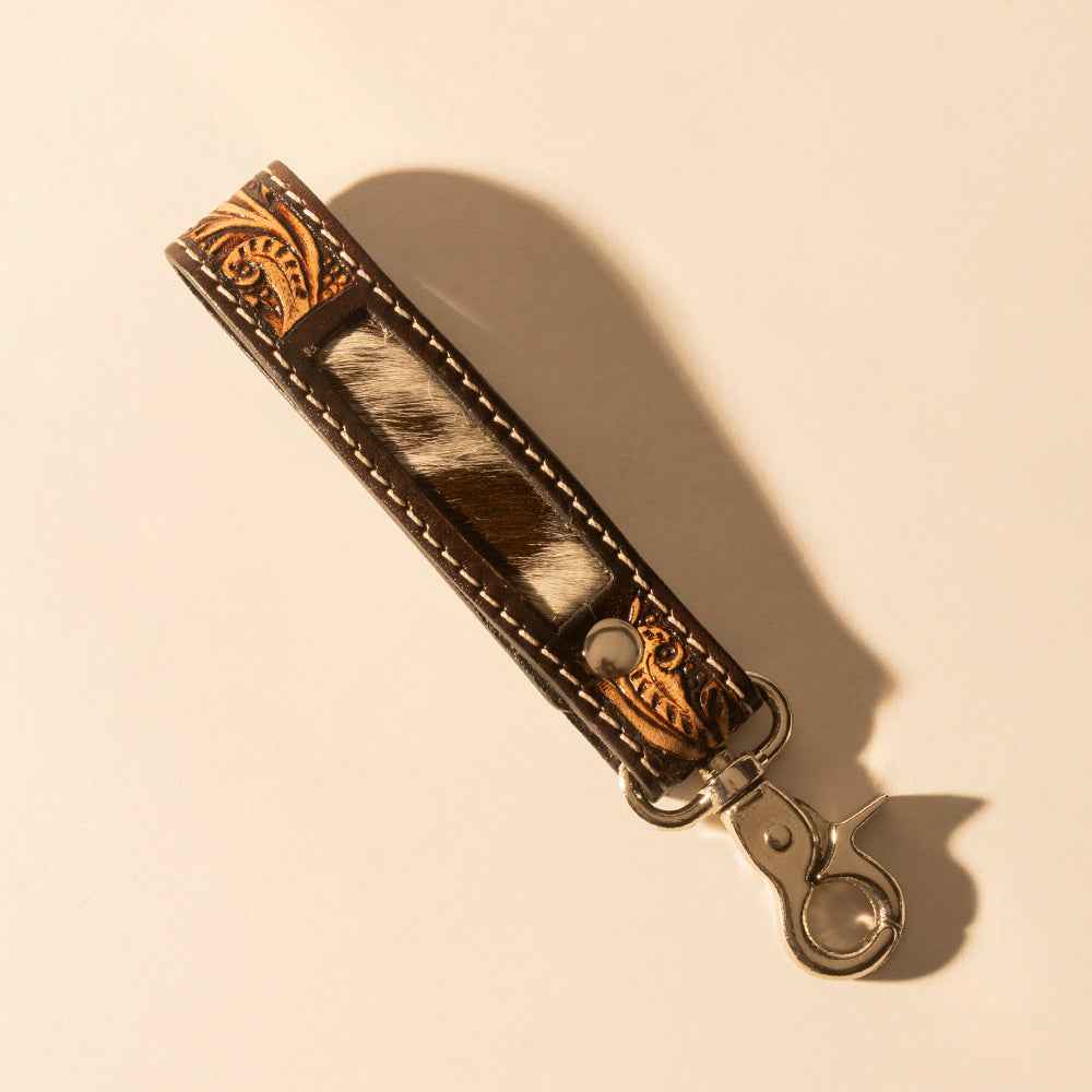 Myra Hide Inlay Western Key Fob in dark brown with hairon detail