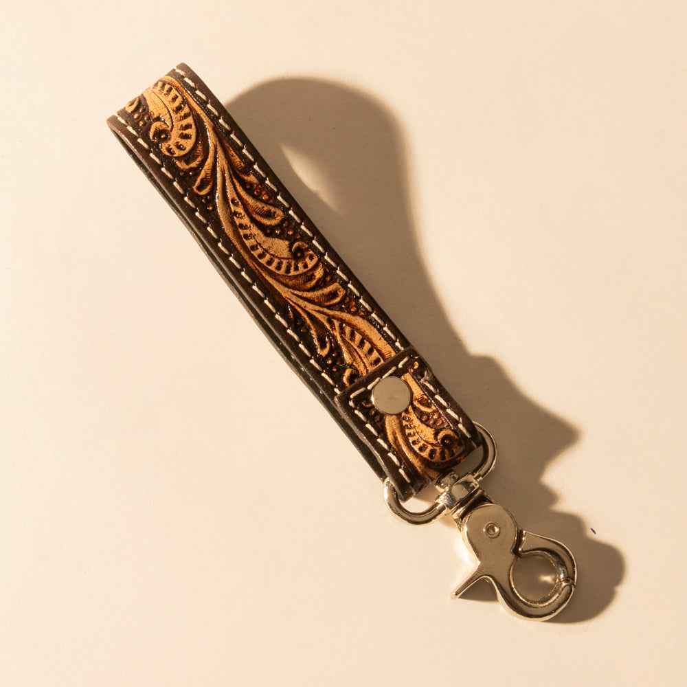 Myra Hide Inlay Western Key Fob in dark brown with hairon detail