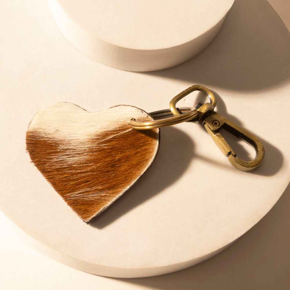 Myra Studded Heart Western Key Fob in brown with handtooled detail