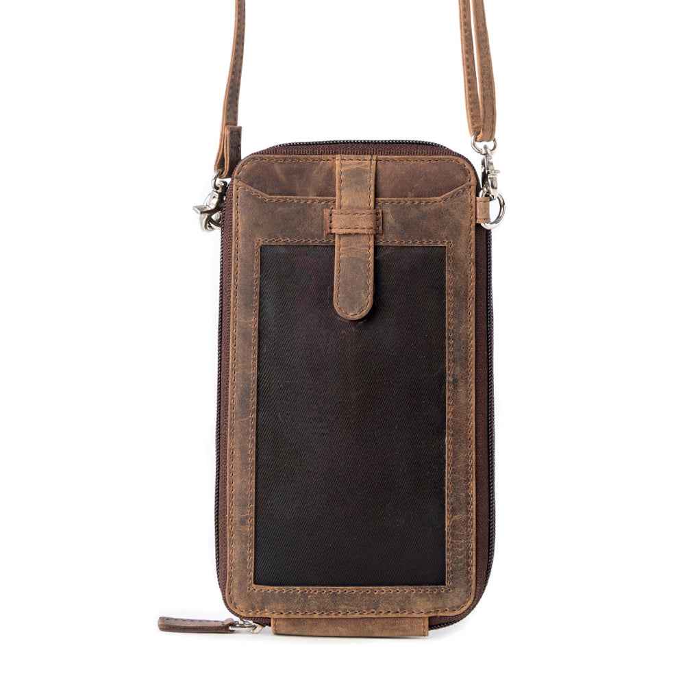 Myra Wildtouch Western Phone Crossbody in dark brown with leather detail