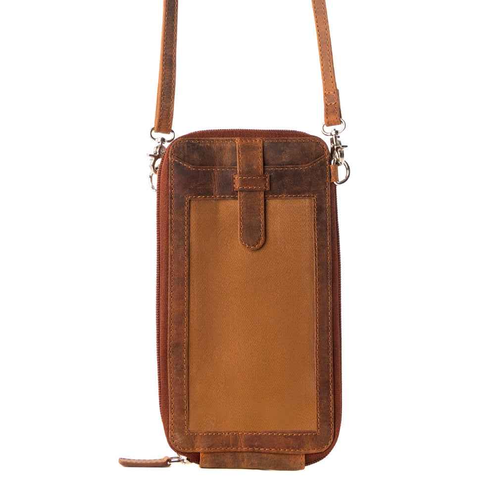 Myra Wildtouch Western Phone Crossbody in tan with leather detail