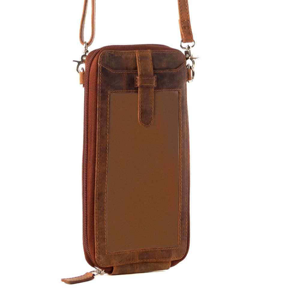 Myra Wildtouch Western Phone Crossbody in tan with leather detail
