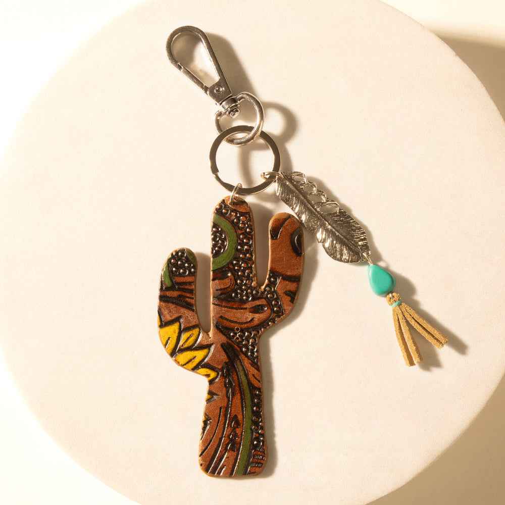 Myra Desert Dune Handtooled Leather Key Fob in Olive Tan