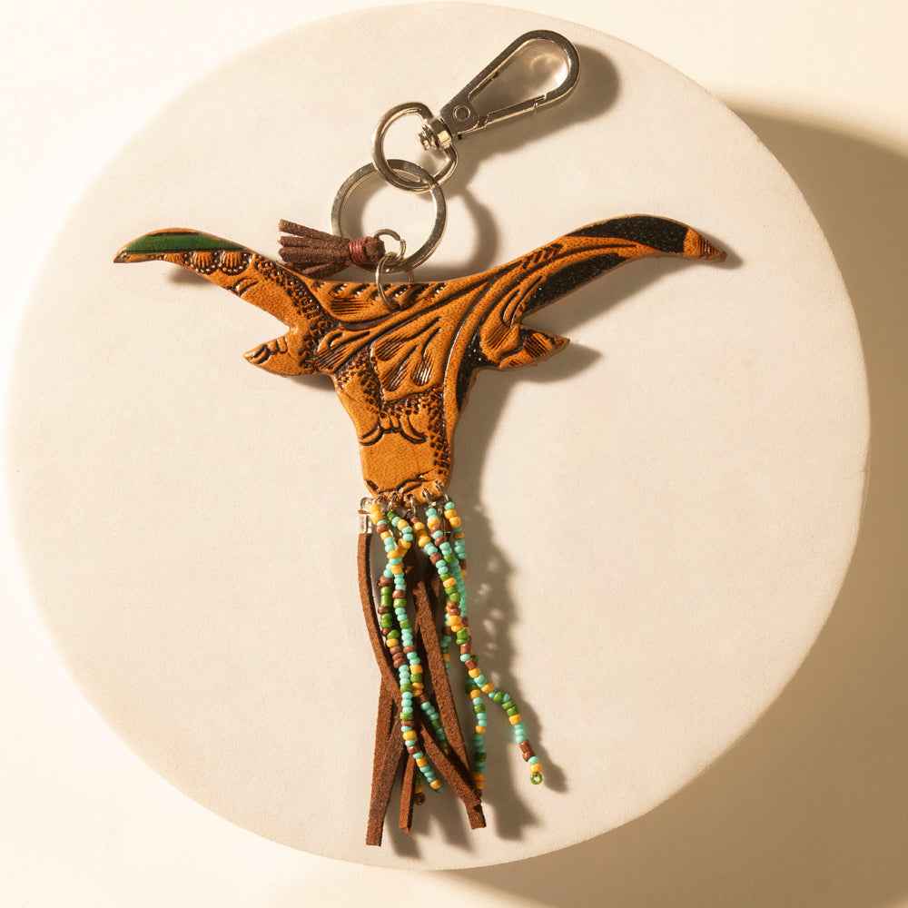 Myra Arroyo Bull Handtooled Leather Key Fob in Honey Aqua