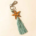 Myra Western Sky Beaded Fringe Handtooled Leather Key Fob in Ocean Blue