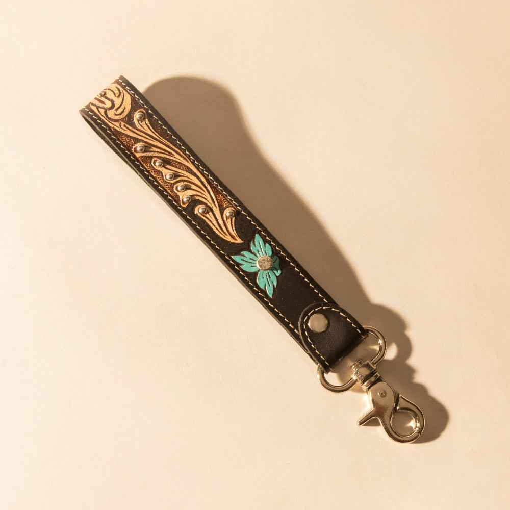 Myra Wildhue Western Key Fob in black with turquoise floral handtooled detail