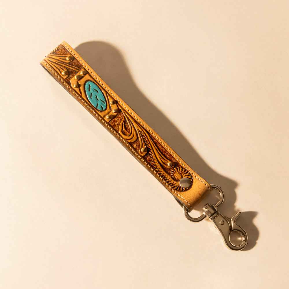 Myra Wildhue Western Key Fob in light brown with turquoise stone handtooled detail