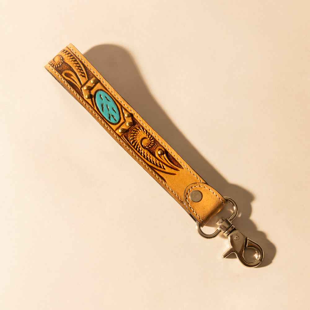 Myra Wildhue Western Key Fob in light brown with turquoise stone handtooled detail
