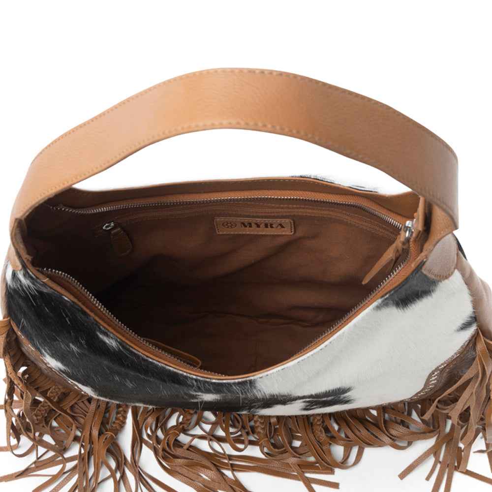 Myra Lasso Lane Hairon Leather Bag for Women in brown with fringe and embossed detail