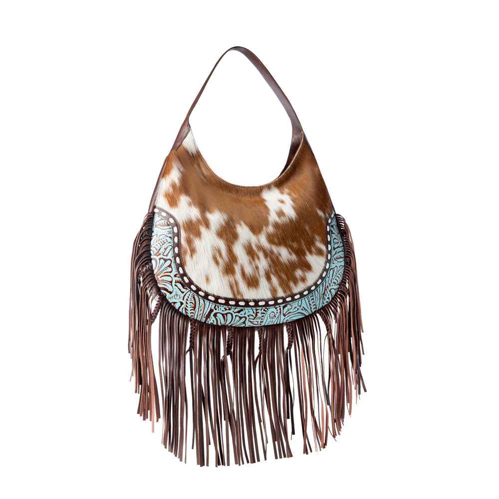 Myra Lasso Lane Hairon Leather Bag for Women in tan with fringe and embossed detail