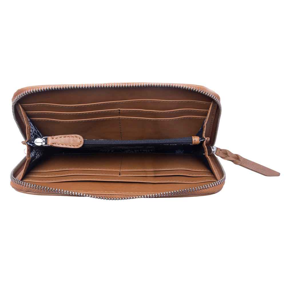 Myra Sunset Ridge Handtooled Hairon Leather Wallet in Honey Snow