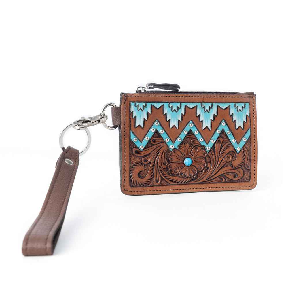 Myra Hand Hewn Western Card Holder for Women in Brown & Turquoise with handtooled detail