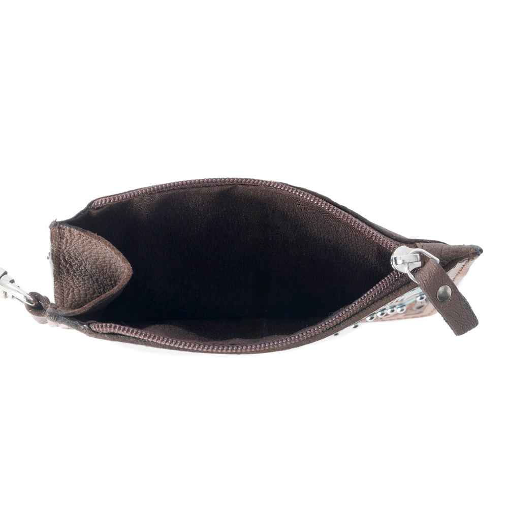 Myra Hand Hewn Western Card Holder for Women in Brown & Turquoise with handtooled detail