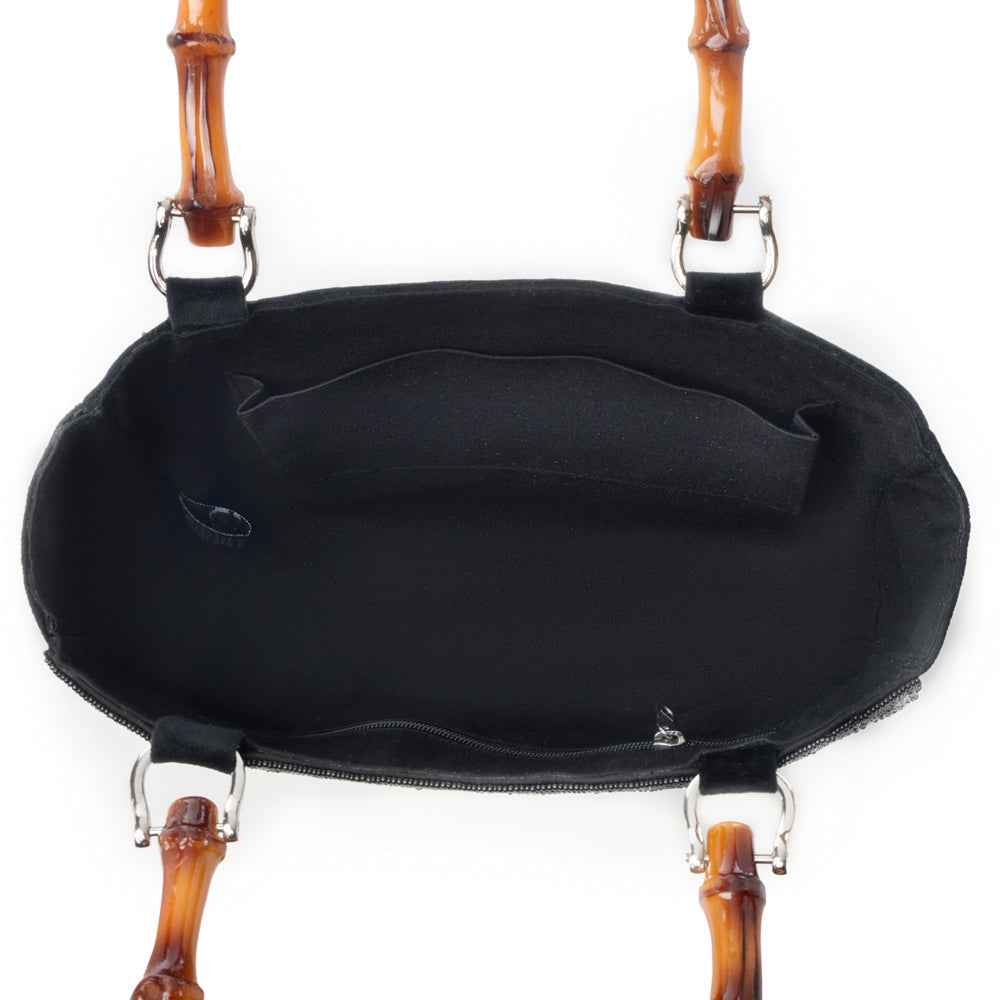 Myra Eight Seconds Western hand beaded bag in black with bamboo handle and horse embroidery