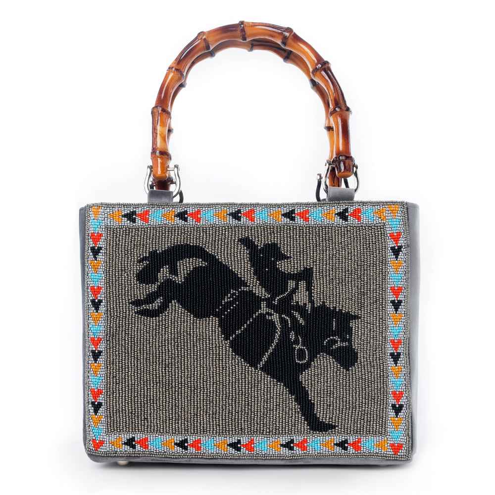 Myra Free Rein Western hand beaded Bag in grey with bamboo handle and horse embroidery