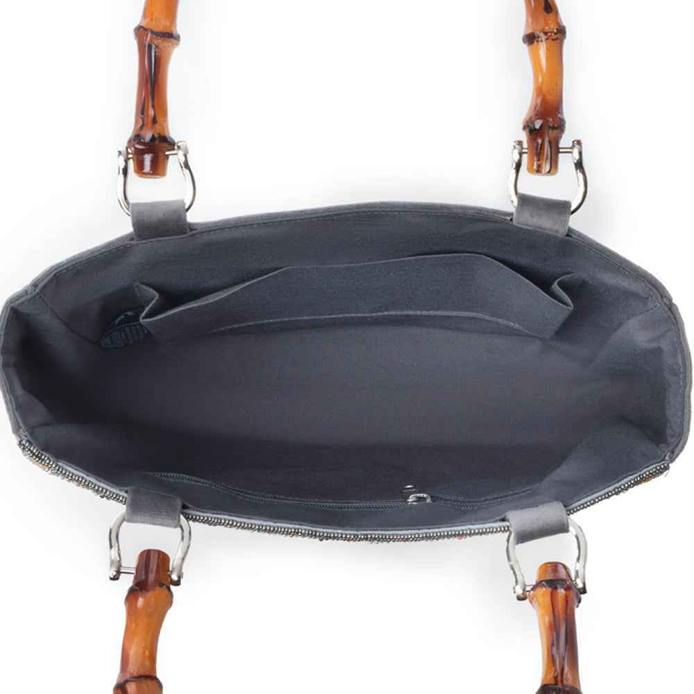 Myra Free Rein Western hand beaded Bag in grey with bamboo handle and horse embroidery