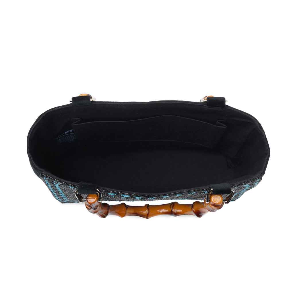 Myra Hat Tipper Western hand beaded Bag in blue with bamboo handle and hat embroidery