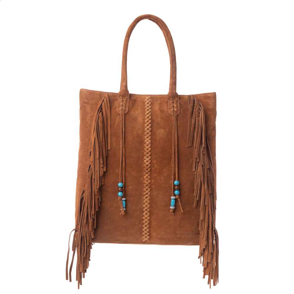 Myra Yellowstone Desert Creek Fringed Suede Leather Concealed Carry Bag in Sand Brown