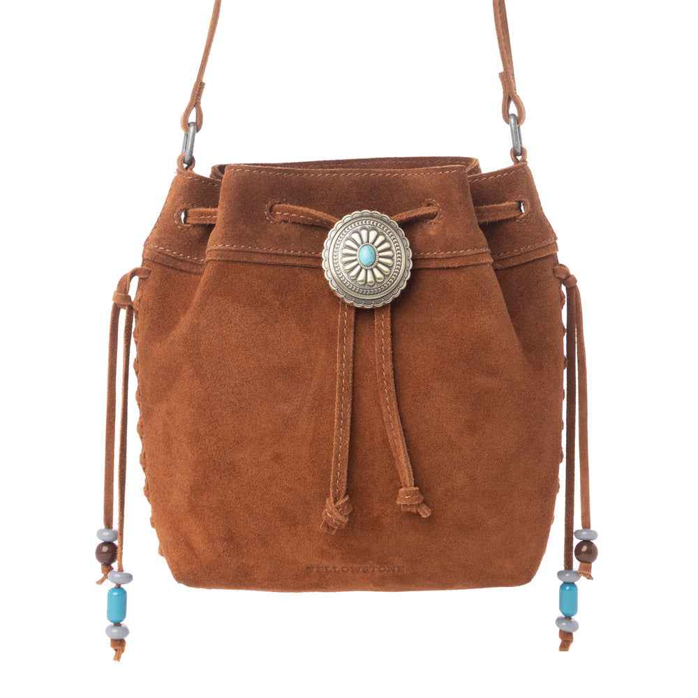 Myra Yellowstone Sundown Ember Suede Leather Bucket Bag in Maple Brown