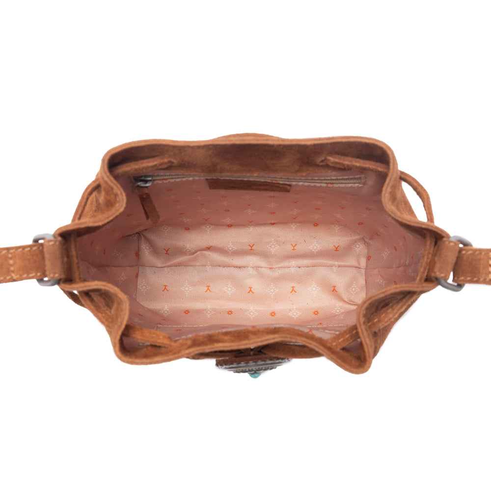 Myra Yellowstone Sundown Ember Suede Leather Bucket Bag in Maple Brown