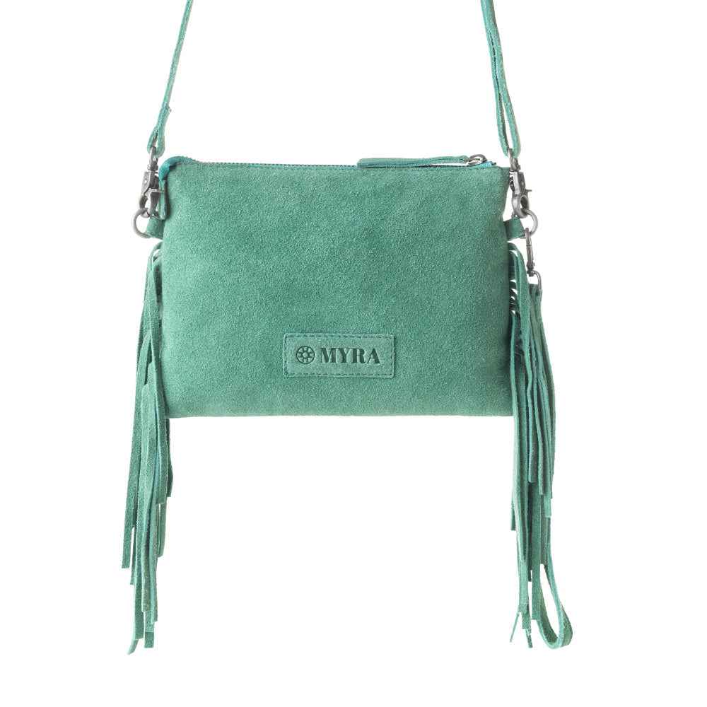 Myra Boot Stitch Suede Bag for Women in green with embroidery and fringe detail