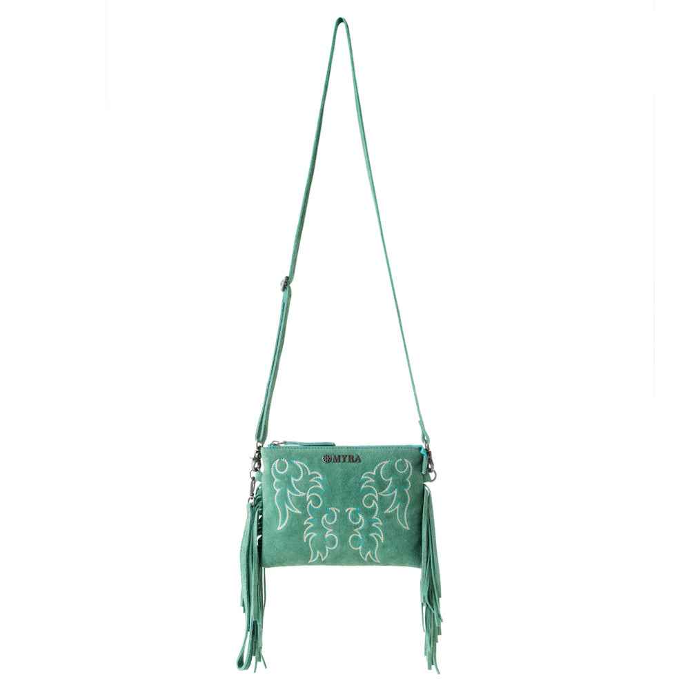Myra Boot Stitch Suede Bag for Women in green with embroidery and fringe detail