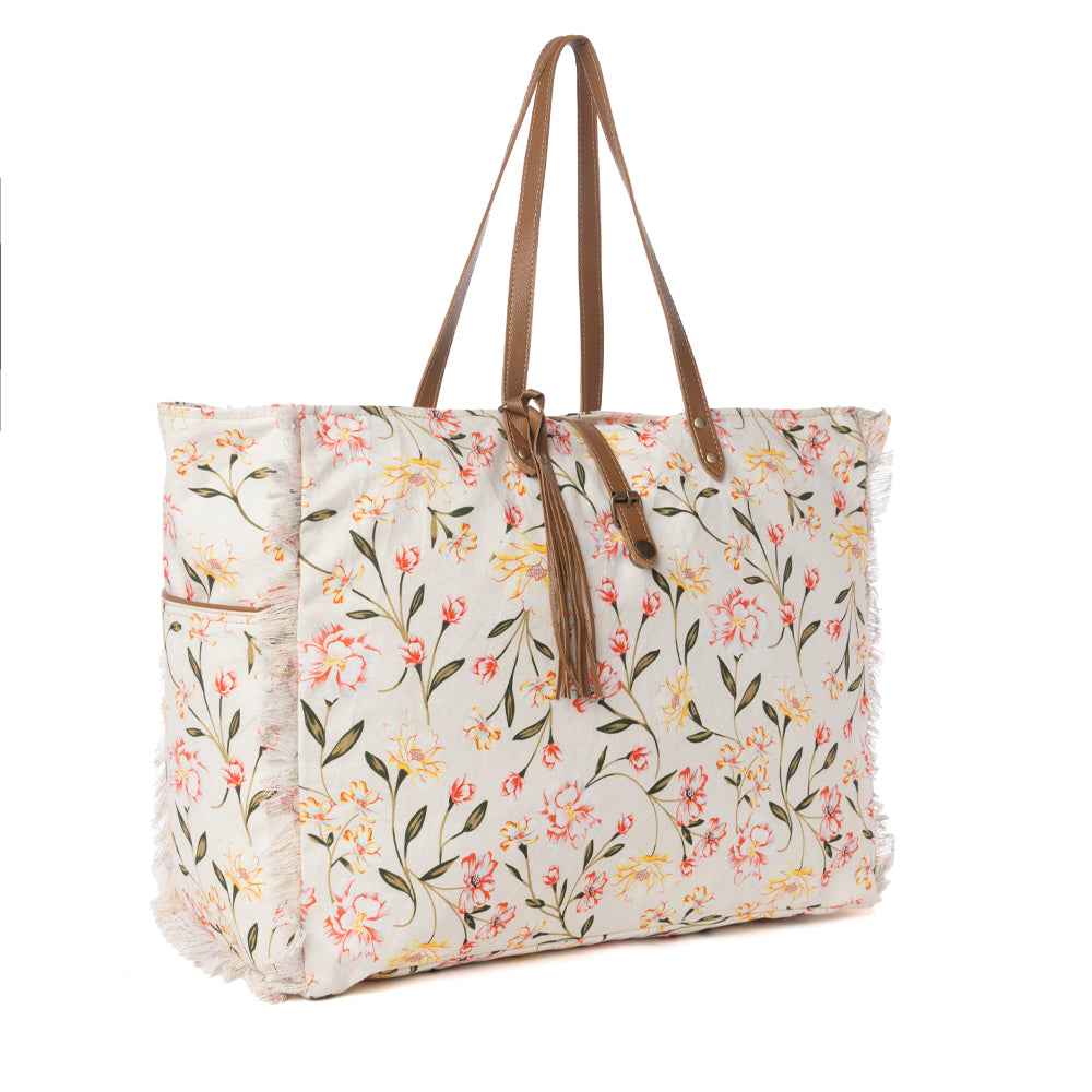 Myra Brookside Cotton & Leather Weekender Bag in Blush Cream