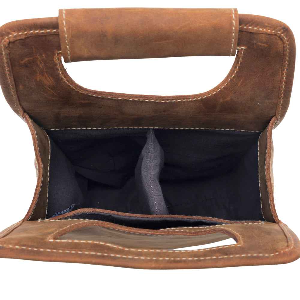 Myra Cypress Field Hairon Leather Wine Bottle Holder in Shadow Cream Chestnut Brown