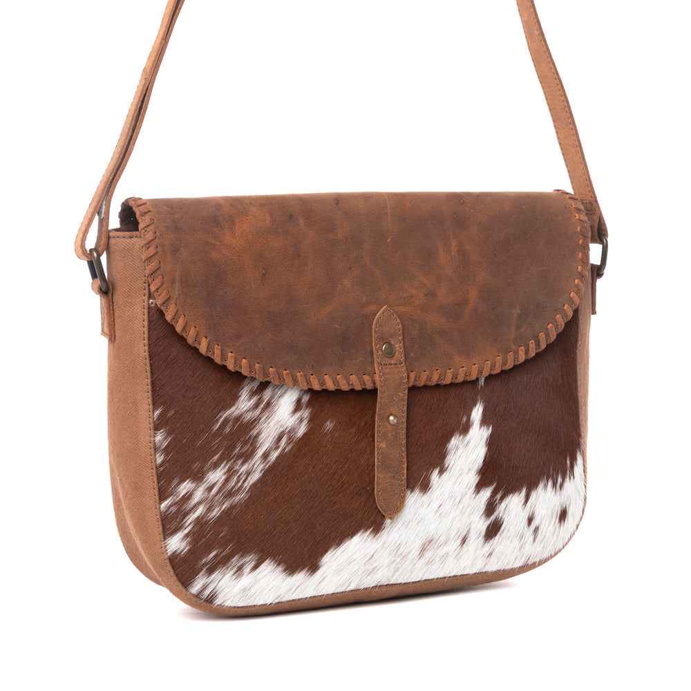 Myra Honey Field Hairon Leather Messenger Bag in Sable Mist