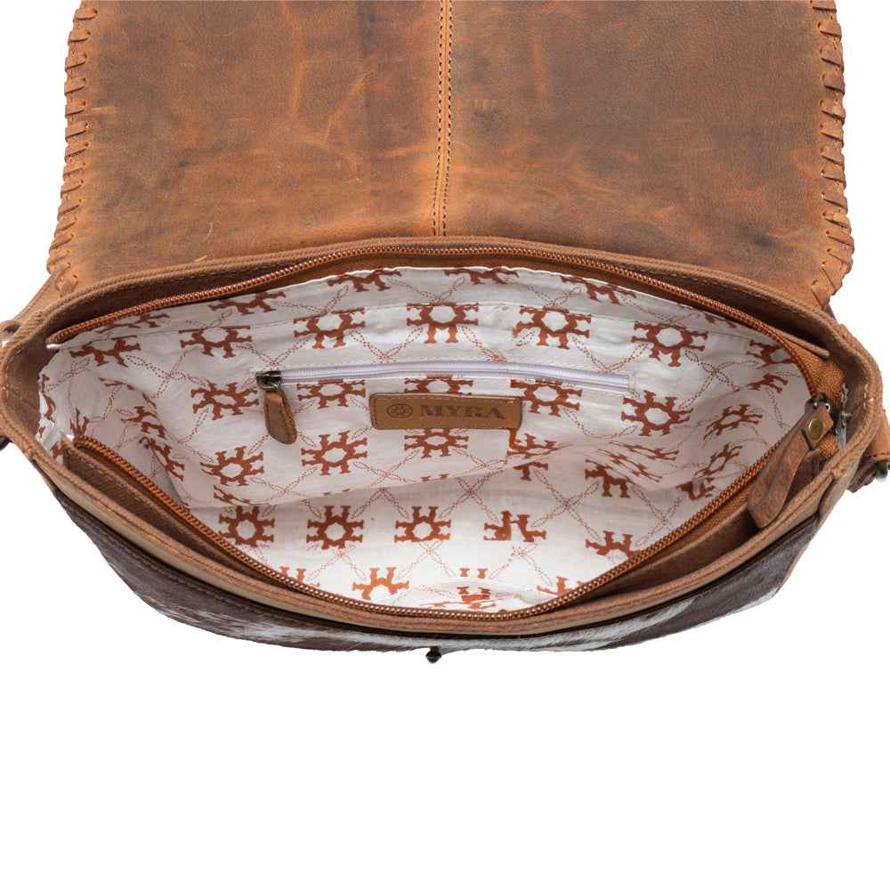 Myra Honey Field Hairon Leather Messenger Bag in Sable Mist