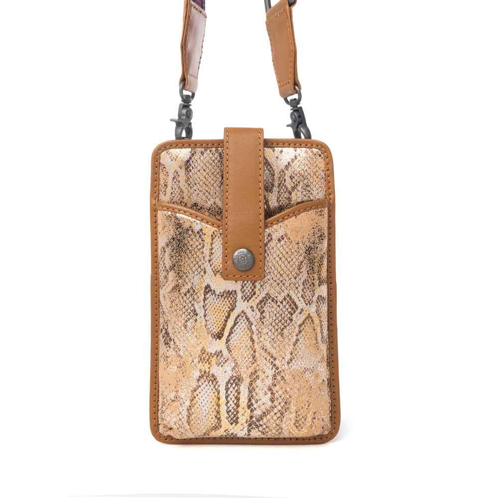 Myra Cedar Snake Print Leather Cell Phone Holder in Toffee Patch