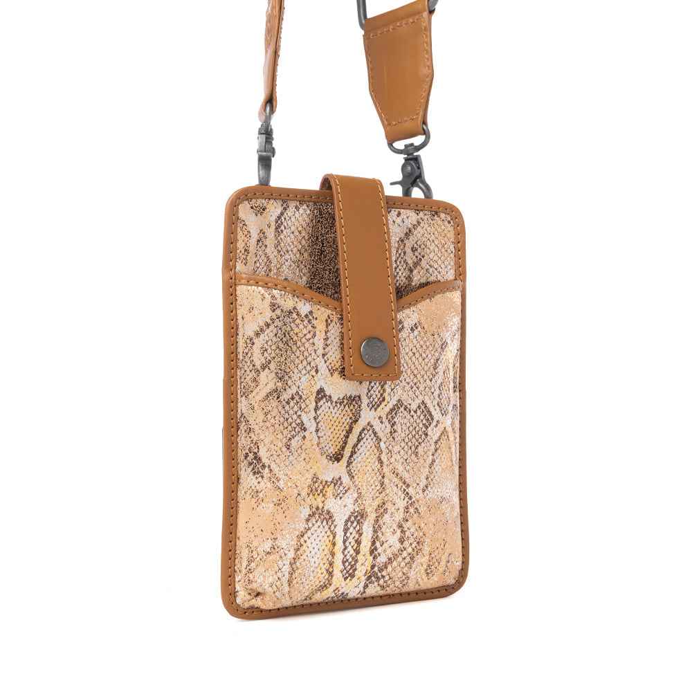 Myra Cedar Snake Print Leather Cell Phone Holder in Toffee Patch