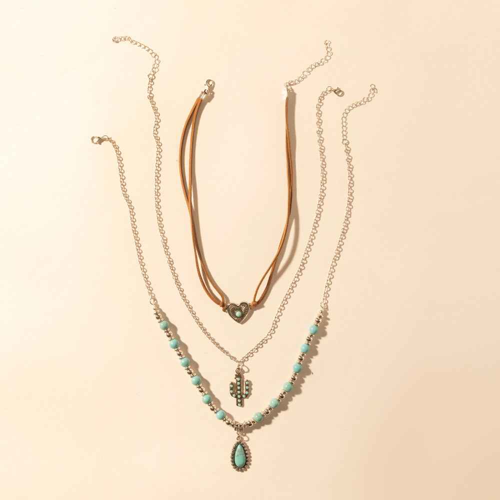 Myra Boho Mesa Layered Necklace for Women with turquoise bead and cactus pendant detail for western wear