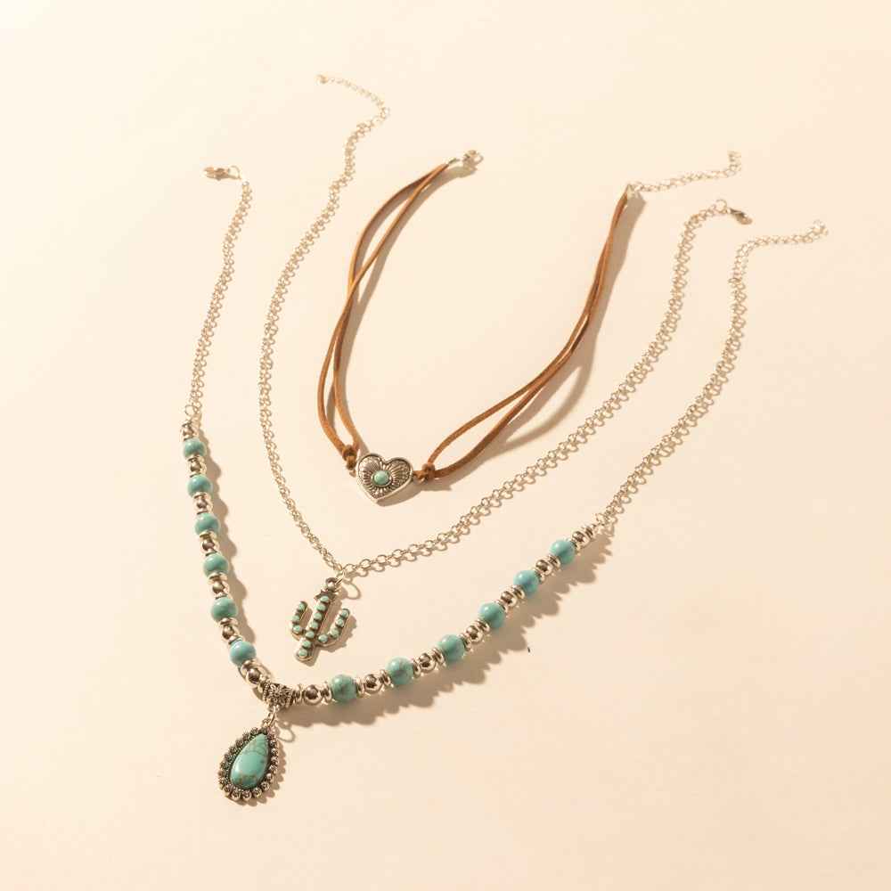 Myra Boho Mesa Layered Necklace for Women with turquoise bead and cactus pendant detail for western wear