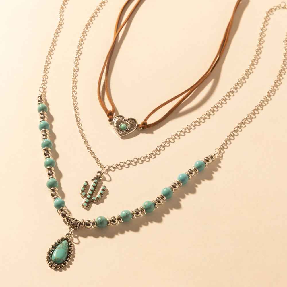 Myra Boho Mesa Layered Necklace for Women with turquoise bead and cactus pendant detail for western wear