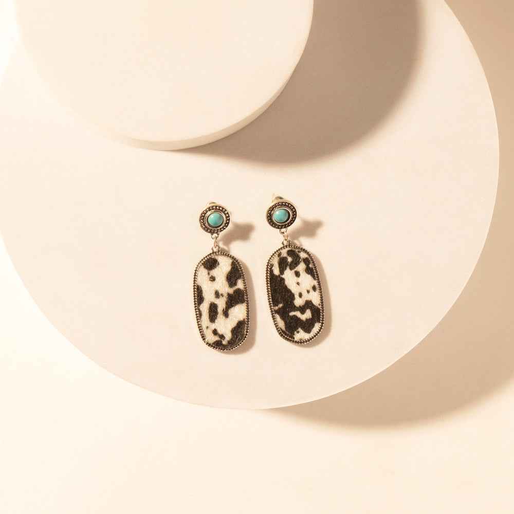 Myra Wild Hide Dangle Earrings for Women with turquoise and cowhide print detail for premium western wear