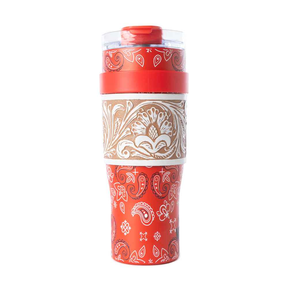 Myra Bandana Tooled Western Tumbler in Red Stainless Steel with Handtooled Leather and Handle for Use