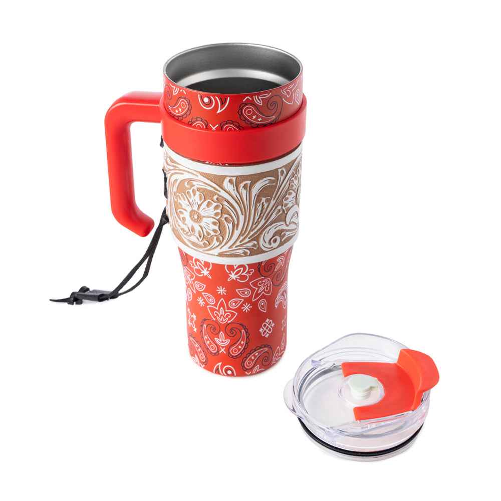 Myra Bandana Tooled Western Tumbler in Red Stainless Steel with Handtooled Leather and Handle for Use