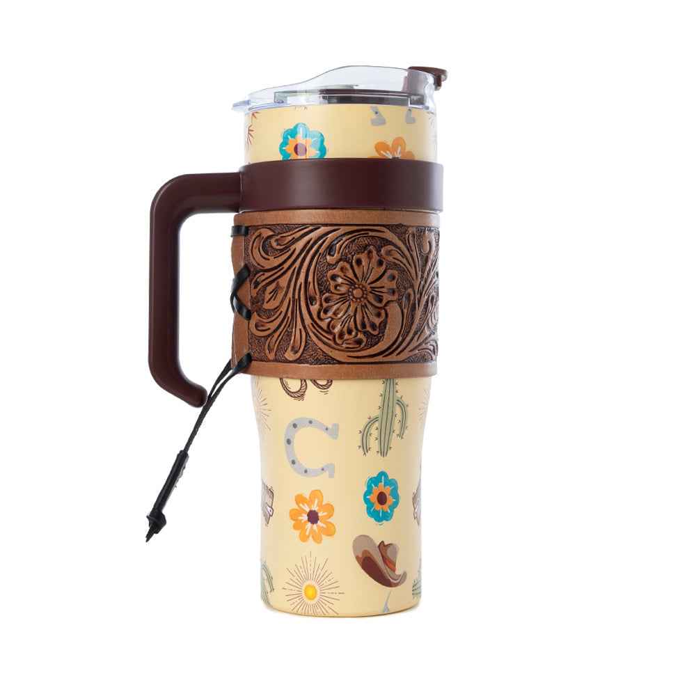 Myra Trailkissed Western Tumbler in Yellow Stainless Steel with Leather Wrap and Handle for Everyday Use