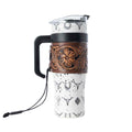 Myra Westmark Tooled Western Tumbler in White Stainless Steel with Leather Wrap and Handle for Use