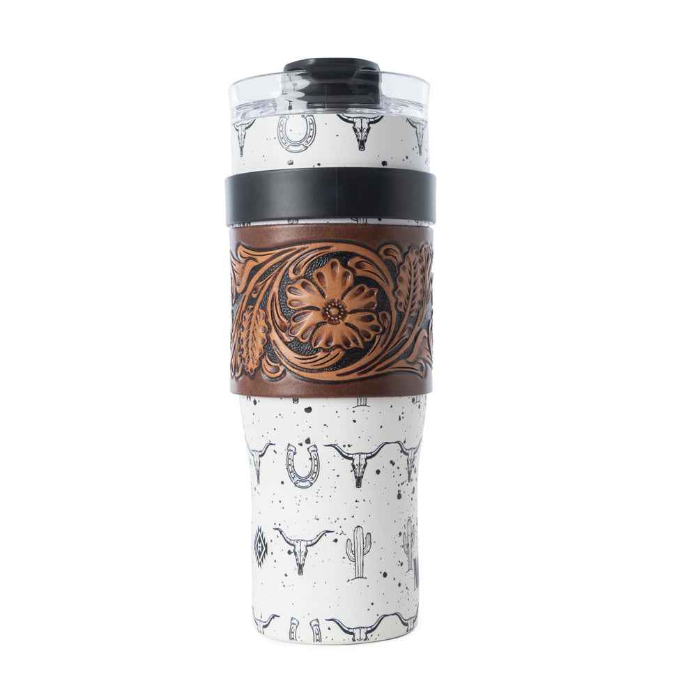 Myra Westmark Tooled Western Tumbler in White Stainless Steel with Leather Wrap and Handle for Use