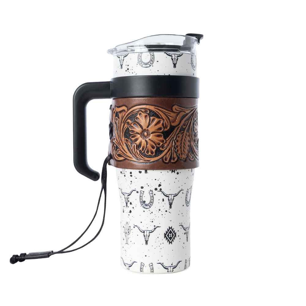 Myra Westmark Tooled Western Tumbler in White Stainless Steel with Leather Wrap and Handle for Use
